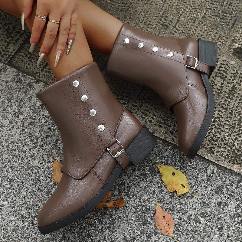Fall New Block Heel Single Boots Women's Round Toe Sleeve Studded Metal Buckle Non-Slip Soft Sole Booties