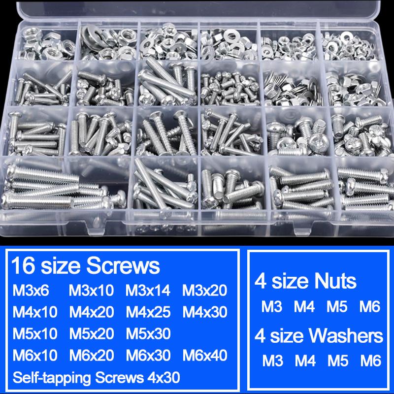 

Metal Screws Nuts And Bolts Assortment Kit M3/M4/M5/M6 Cross Slotted Round Head Bolts Flat Washers Nuts With Case Hardware Tools