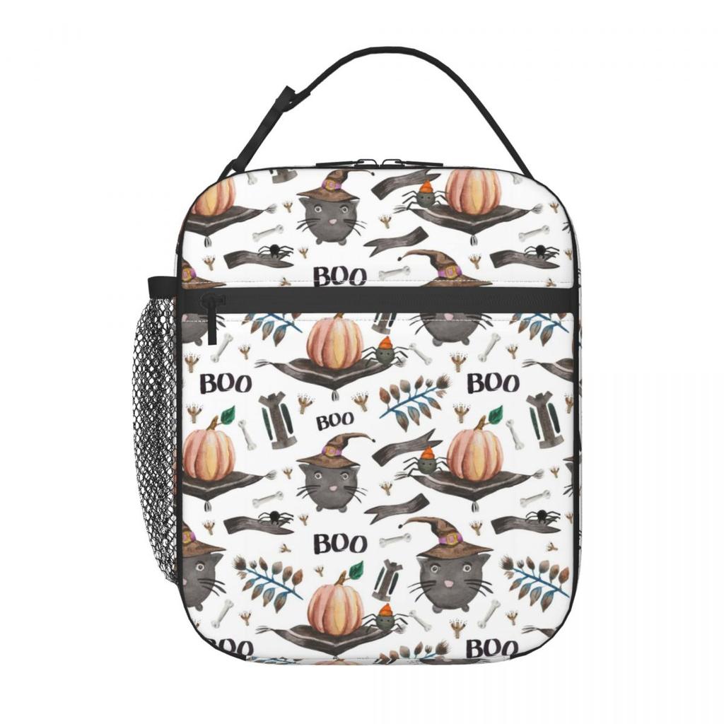 Witch Black Cat Pumpkin Halloween Pattern Insulated Lunch Bag for Women Kids Portable Food Boxes Thermal Lunch Box Tote