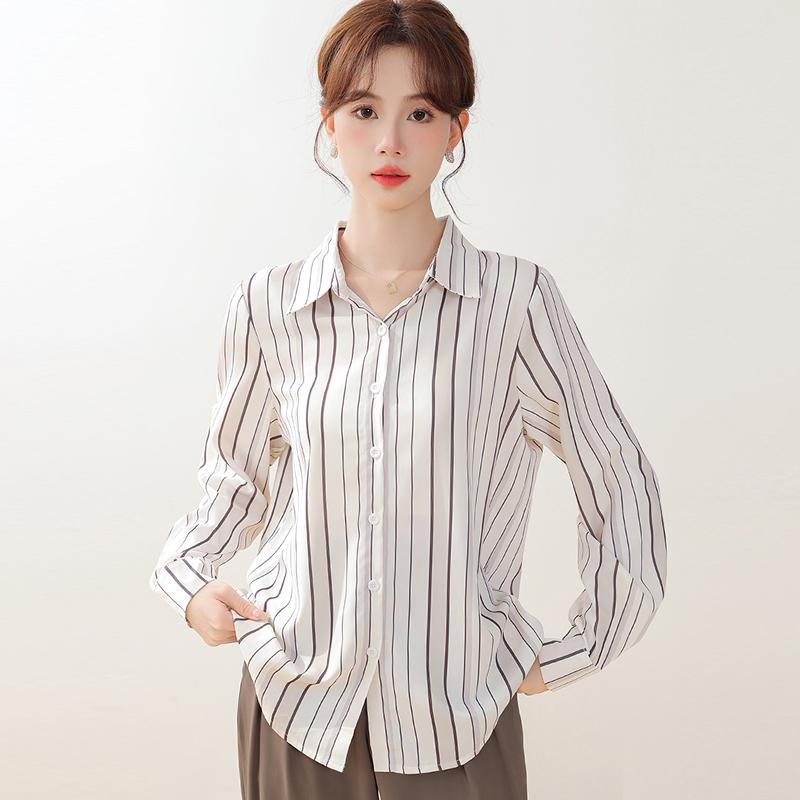 Women Blouses Shirts Long Sleeve Women Blouse Shirt Office Lady Turn Down Collar Striped Chiffon Blouse Shirt Women Tops J911
