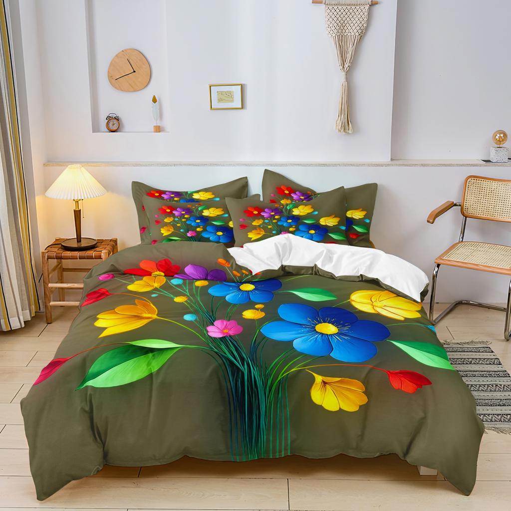 3pcs Colorful Floral Plant Pattern Ultra-Soft Brushed Digital Print 3D Flat Printing Duvet Cover  Set, Soft and Comfortable