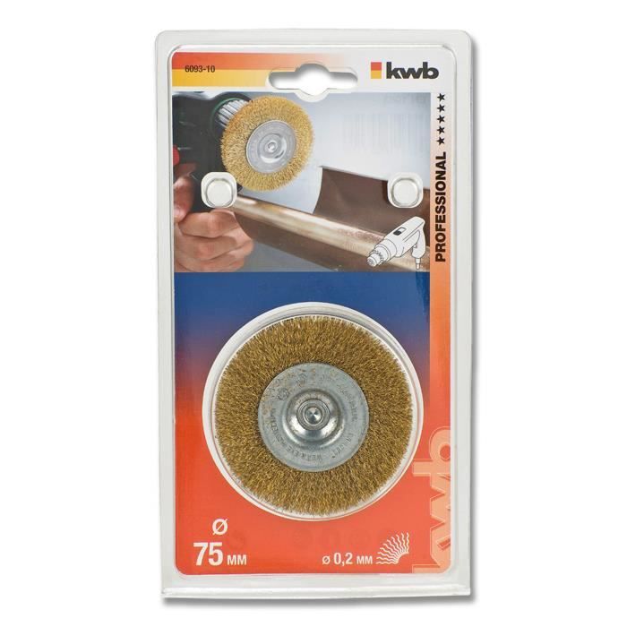 Brosse plate à fil laiton ondulé pour finition et nettoyage - kwb - roue à rayons 0,2mm 6mm 7,5cm - métal pierre