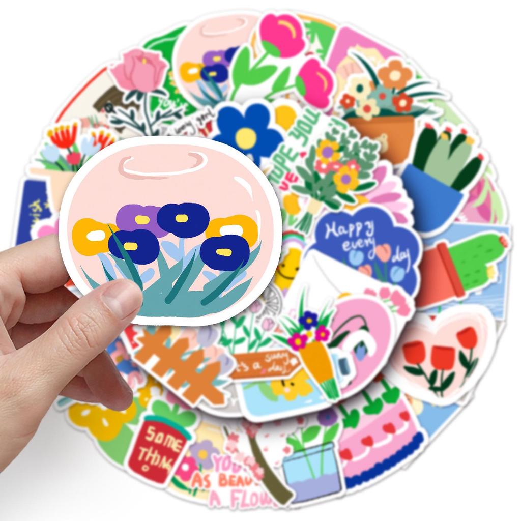 50 Sheets of Waterproof Hand-Painted Cartoon Flower Stickers for Kids' Journals - Guka Small Gifts