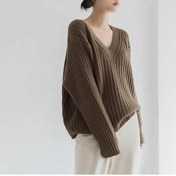 Jerséis Básicos de Punto para Mujer Otoño Invierno Cálido Suéter Cuello en V Moda Holgado Manga Larga Clásico Casual Tops de Punto