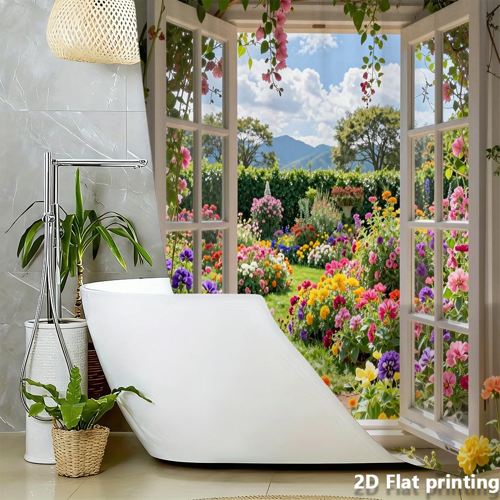 Window View Garden Shower Curtain 1Pc Polyester 2D Flat Print 70.8X70.8 Inch Blooming Floral Landscape Bathroom Decor