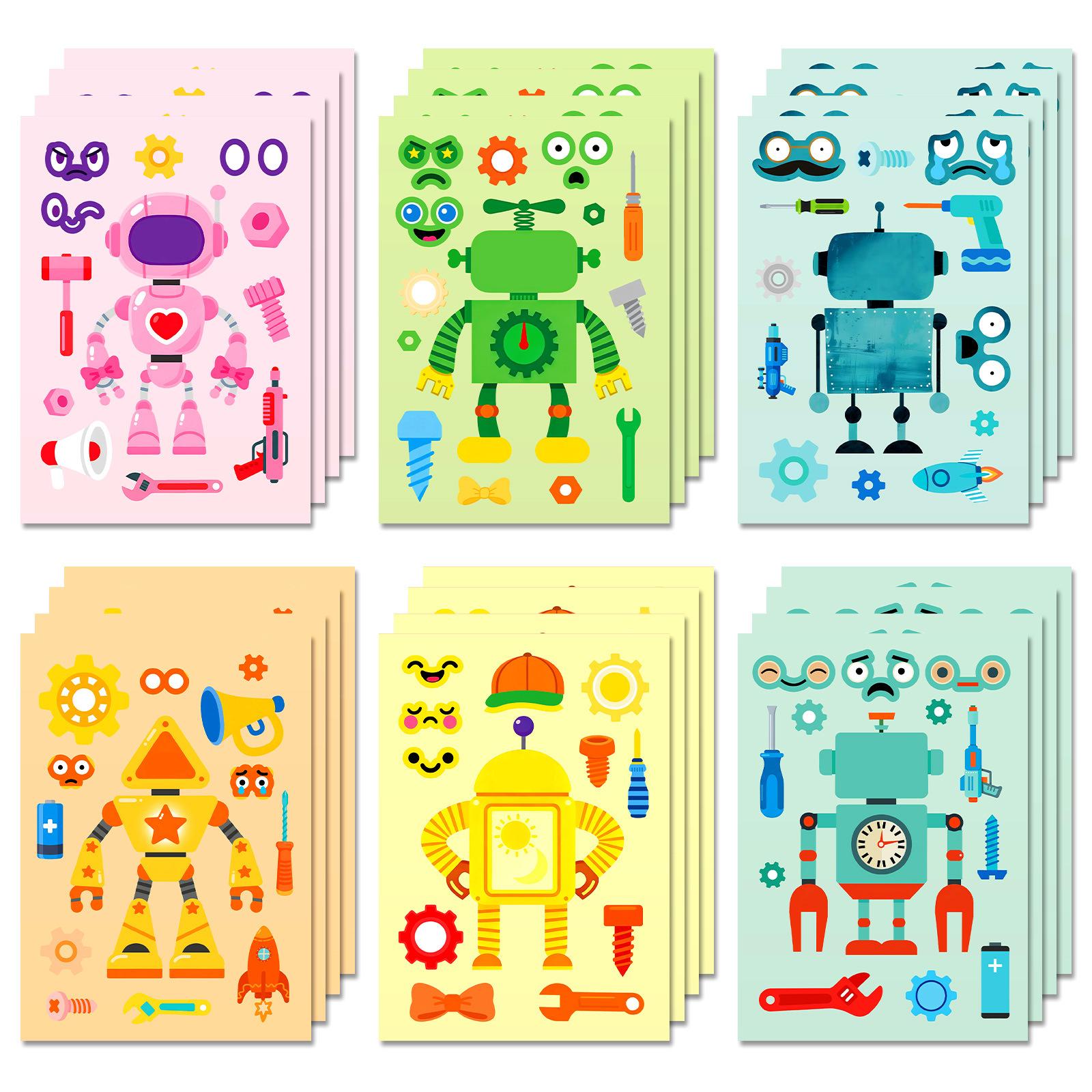 

6 Sheets/Pack Cartoon Robot Puzzle Face Changing Sticker Children S Handmade Diy Creative Collage Early Education