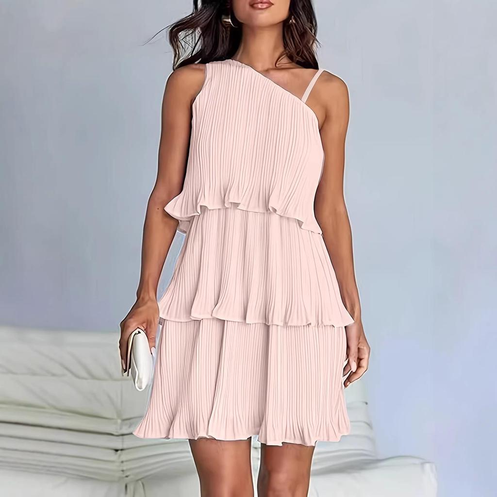 2026 European Cross-Border Women's One-Shoulder Layered Patchwork Pleated Dress