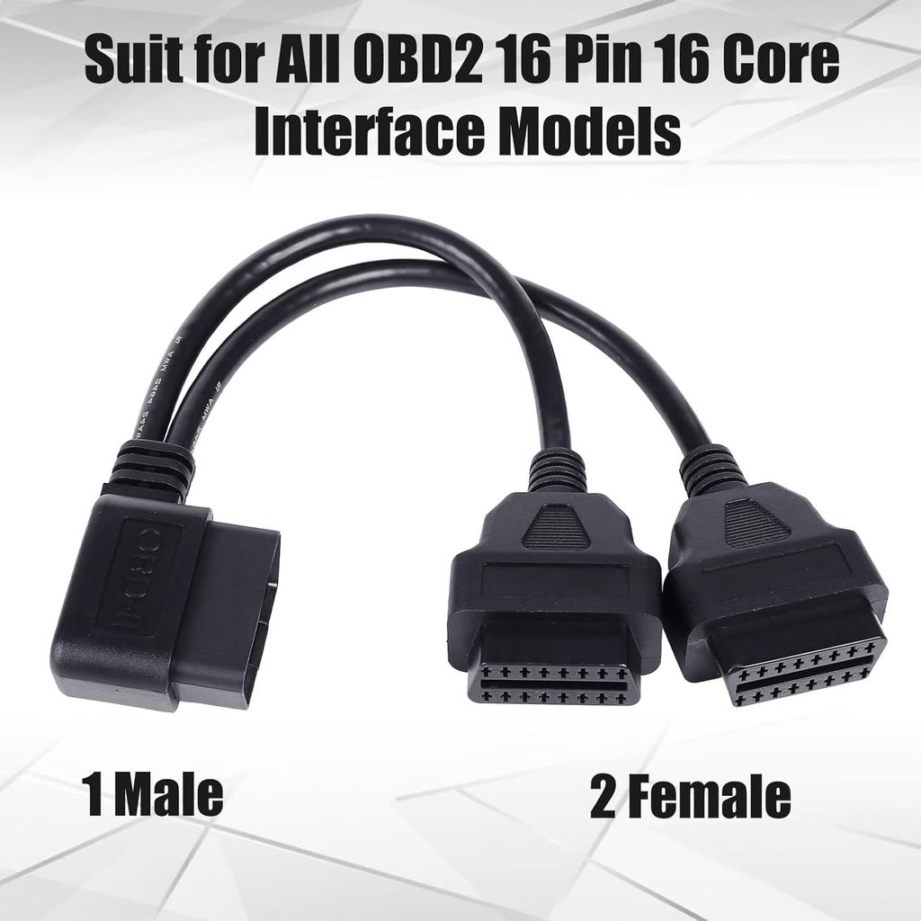 Right Angle OBD2 Splitter Y Cable, 16 Pin 1 Male Splitter To 2 Female Extension Cable 30Cm/12Inch
