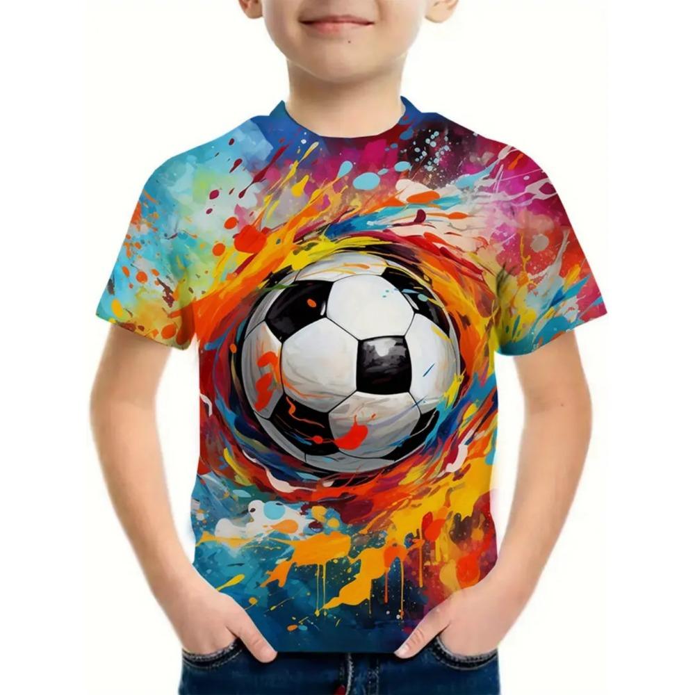 Men's T-shirt football print summer children's short sleeved T-shirt casual pullover sports boys' top outdoor breathable children's clothing