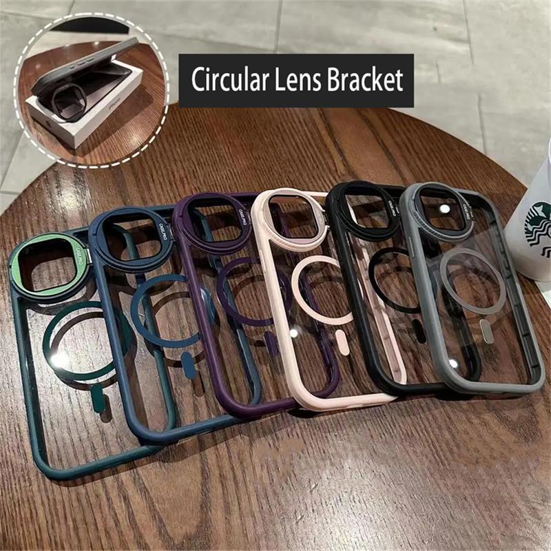 Glass Camera Protection Stand Holder Case For iPhone 16 15 14 Plus 12 13 11 Pro Max Magsafe Magnetic Wireless Charge Back Cover