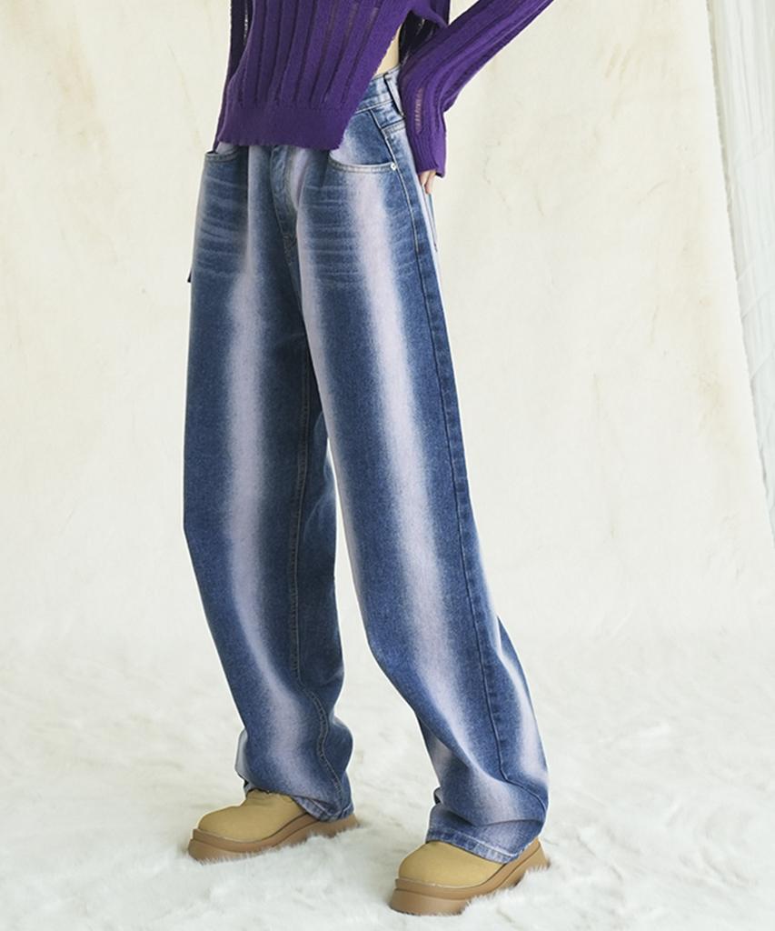 AVANDRESS Vertical Line Buckle Denim Pants Purple