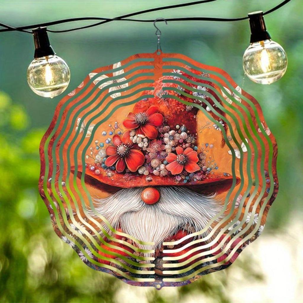 Whimsical Gnome Wind Spinner with Red Hat and Butterfly Flower Cluster Vibrant Metal Garden Decor Dancing Outdoor Hanging Ornament