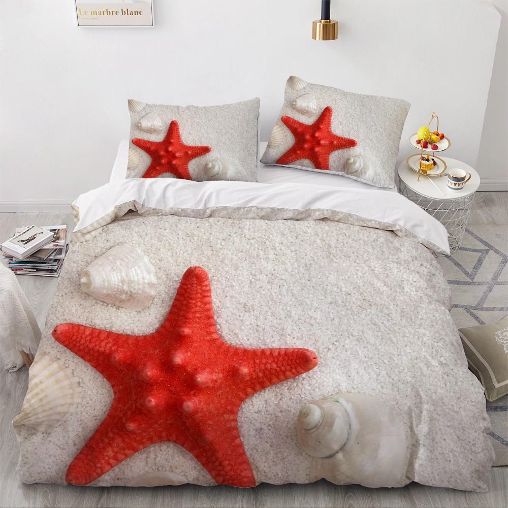 Blue Ocean King Queen Duvet Cover Cartoon Starfish Shell Bedding Set For Kid Teens Adults Sea Beach 2/3pcs Polyester Quilt Cover