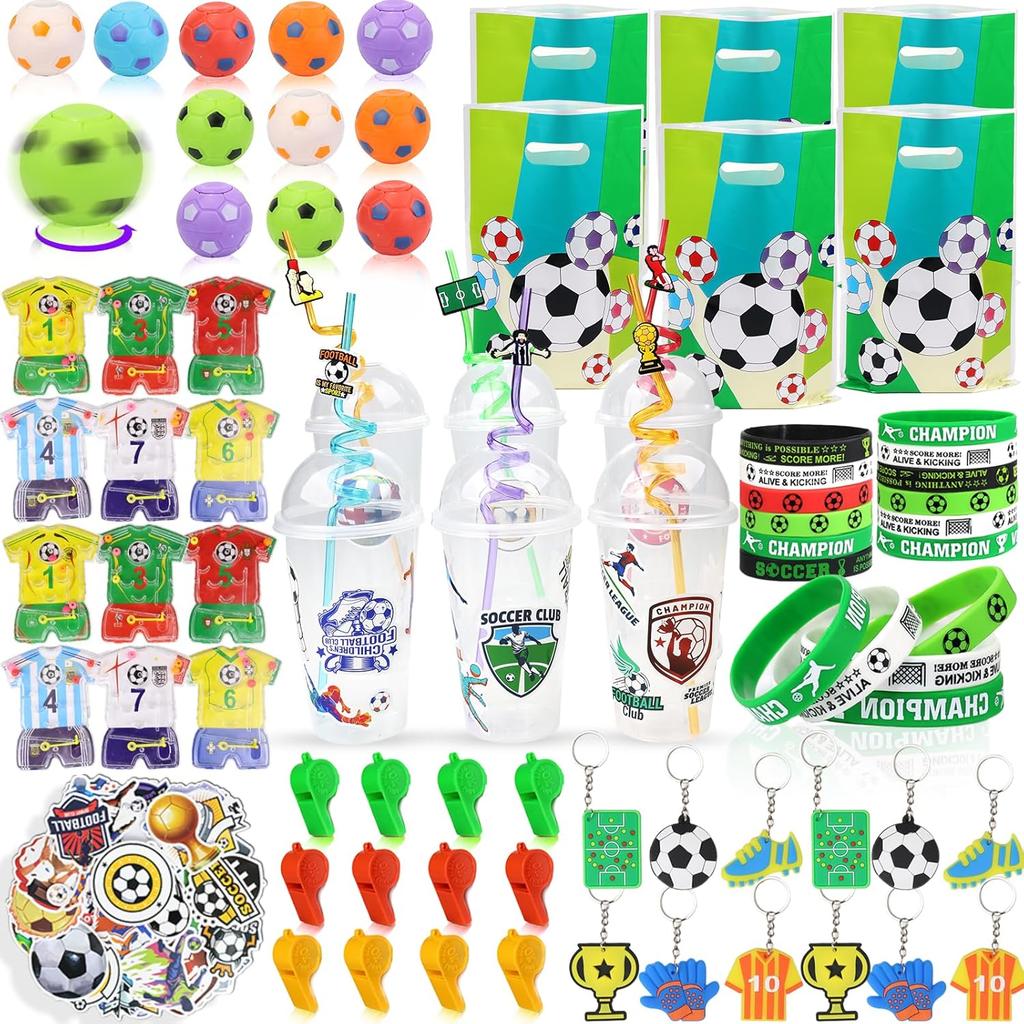166 Pcs Soccer Party Favors for 12 People Party Supplies with Cup Straw Stress Ball Keychain Sticker Silicone Wristbands Whistle Goodie Bags for Kids