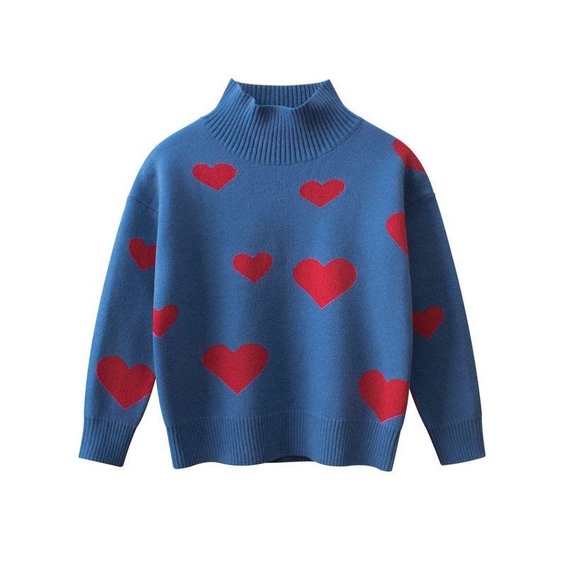 Brand Surplus 2026 Spring Children's Clothing Girls' Pure Cotton Knit Sweater with High Collar and Heart Design for Toddlers and Young Children