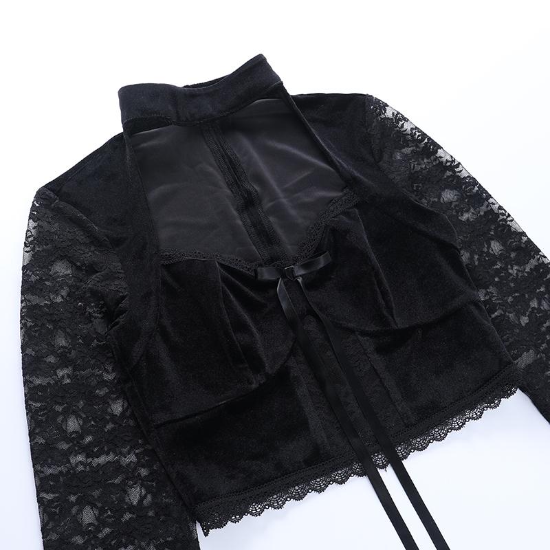 Gothic Vintage Ausgeschnittenes Samt T-Shirt Langarm zum Schnüren Crop Tops