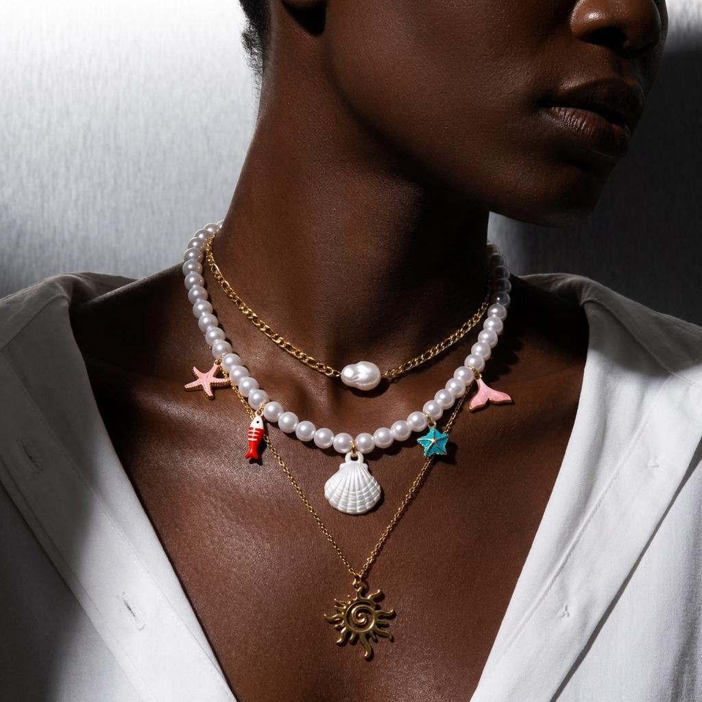 Bohemian Beach Shell Conch Beaded Necklace for Women Ocean Style Seashell Starfish Sun Pendant Choker Vacation Party Jewelry