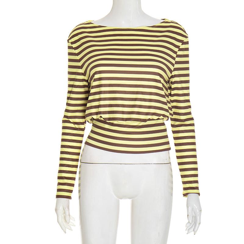 

European Autumn Women s Versatile Casual Waist-Cinched Color Block Stripe Long Sleeve T-shirt Small