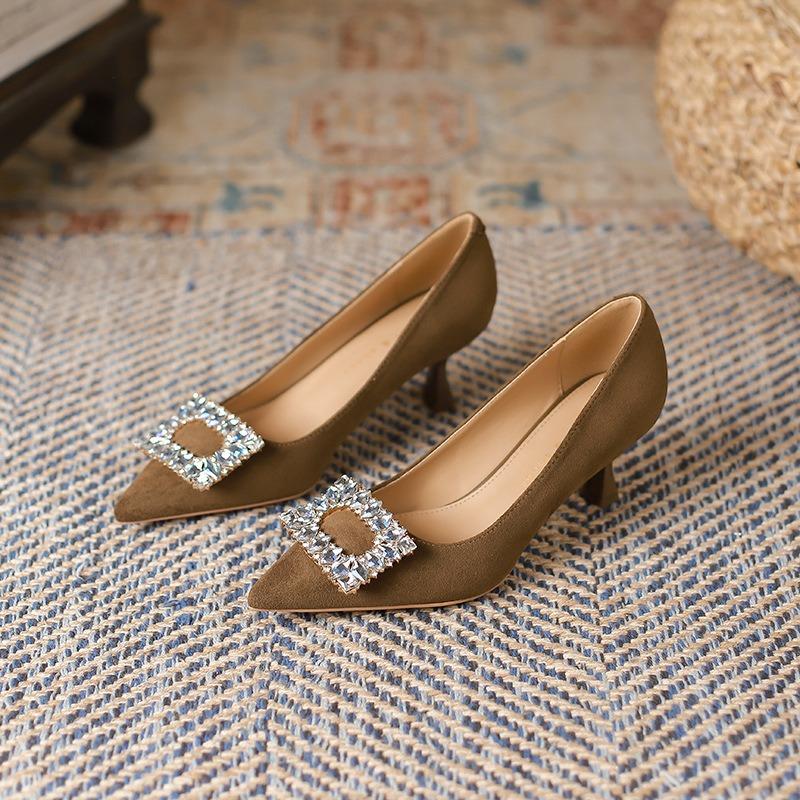 8-Rhinestone square buckle high-heeled single shoes women's autumn new pointed stiletto suede high heels