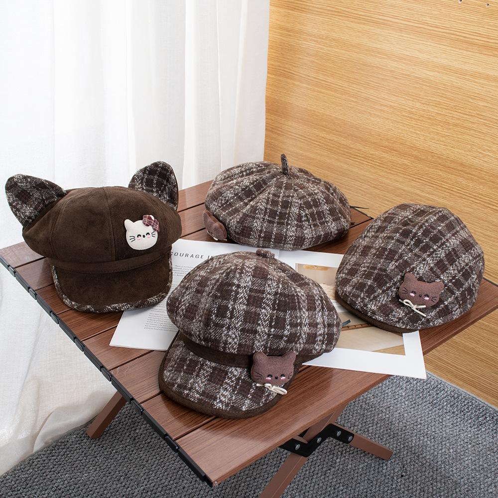 Cartoon plaid woolen octagonal hat female retro fashion versatile atmosphere show face small newsboy beret forward hat
