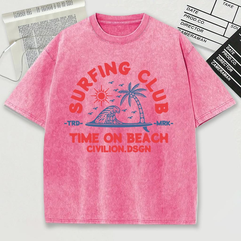 Surfing Club Time On Beach Civilion Print Retro Tee Shirts Summer Cotton Loose Men T Shirt Soft Sportwear Washed Clothes