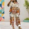 Women Plus Size Printed Round Neck Long Sleeve Layered Top Wide Leg Cropped Pants Two Piece Set