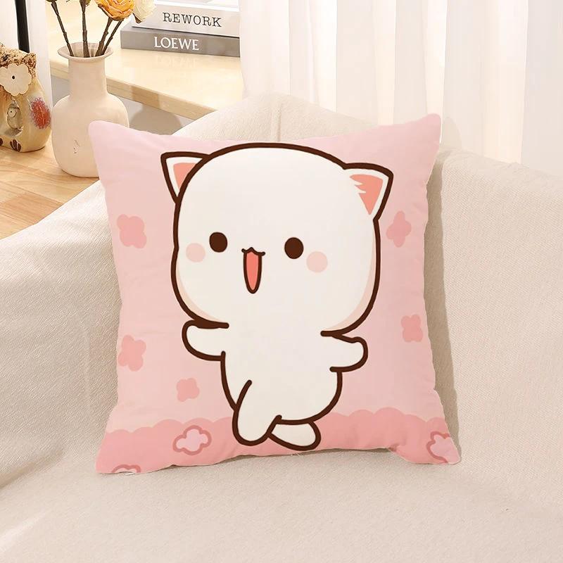Pillow Cover Square Cushion for Bed Car Office Peach Mochi Cat Decorative Anime Room