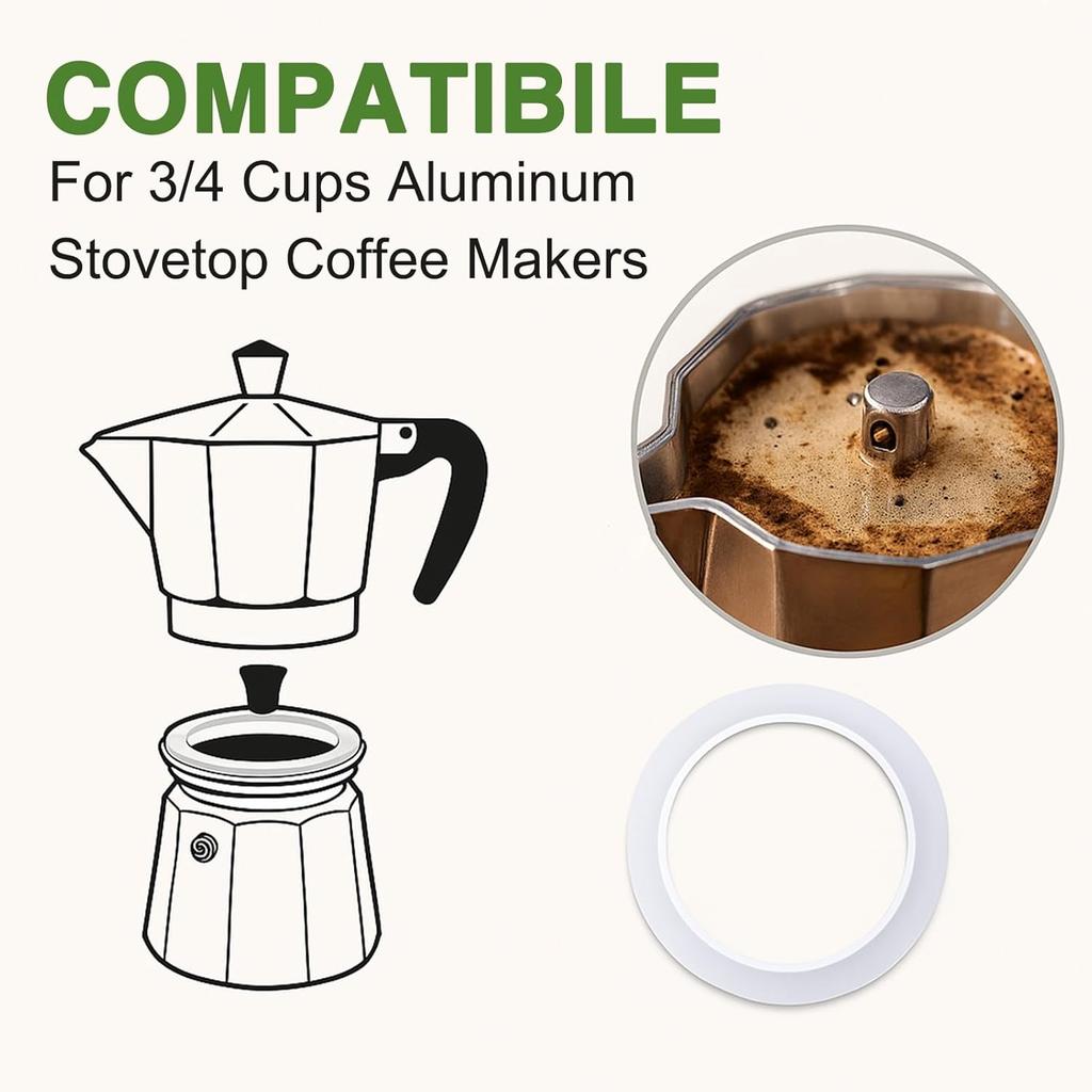 4 Pack Gasket Seal Rings for Bialetti Moka Express Dama 3/4 Cups-Food Grade Silicone Gaskets, Replacement Silicone Sealing Rings-Aluminium Stovetop