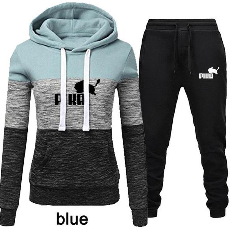 Women Fashion 2Pcs Tracksuits Color Patchwork Tracksuit Female Long Sleeve Hoodie Sweatshirt Jogging Pants Sport Hoodies Set