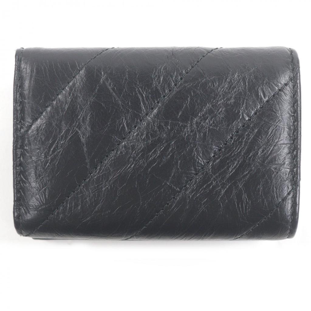 Excellent BALENCIAGA Tri-fold wallet Crush B logo Metal black leather Used