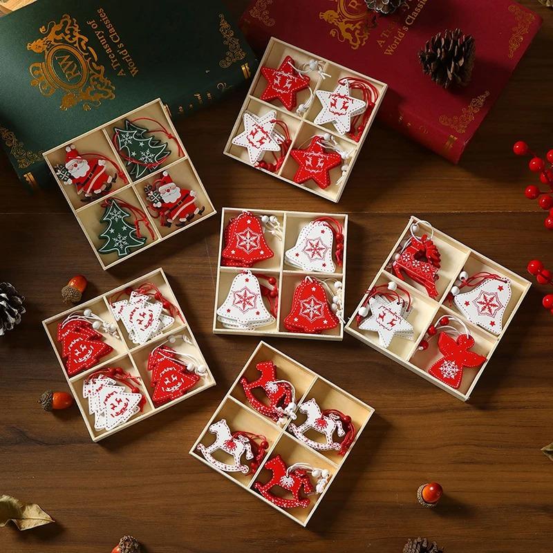 12Pcs Creative Christmas decorations DIY Christmas wooden pendants Christmas tree box set reindeer bell angel heart pendants