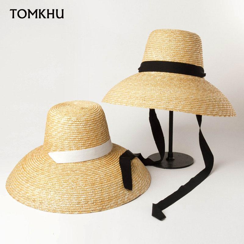 Vintage Summer Hats For Women Natural Wheat Straw Hats High Flat Top Long Ribbon Lace-up Sun Hats Wide Brim Anti-UV Beach Hats