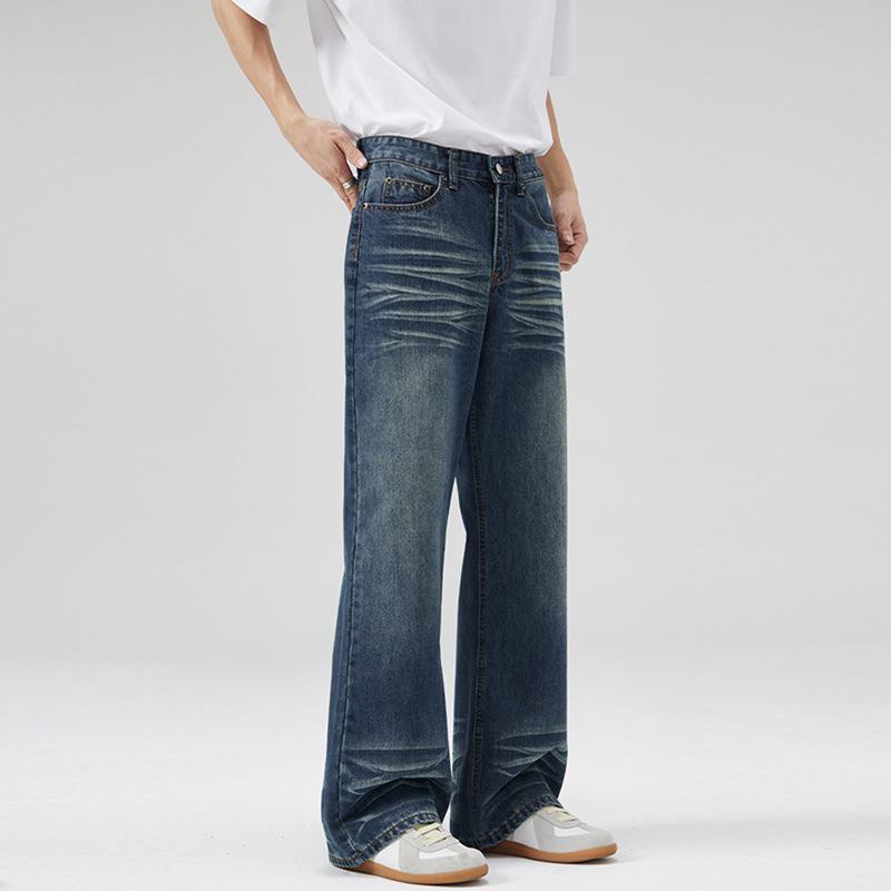 LKTM Unisex American Retro Dark Blue Micro-Flare Jeans, Whiskered Washed Long Pants
