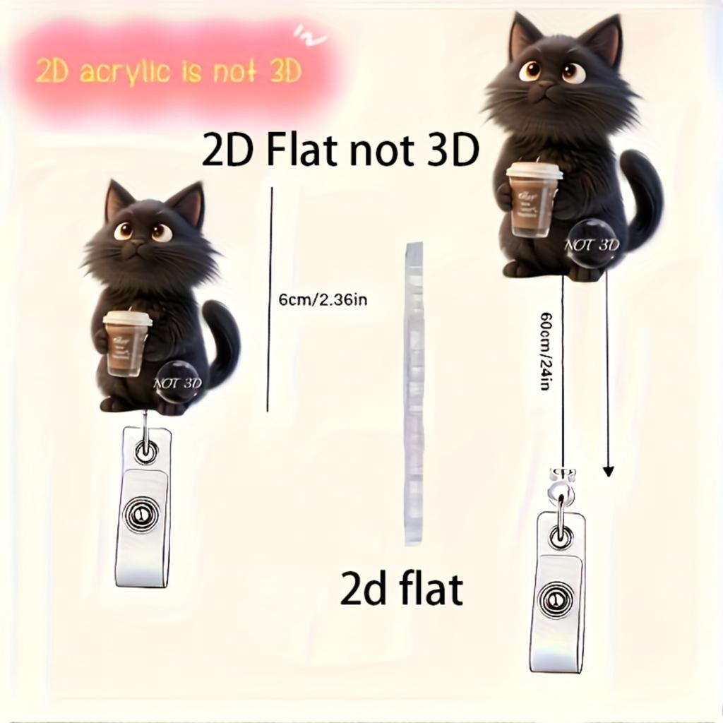 2D Flat Acrylic Black Cat Coffee Cup Retractable Badge Reel, Solid PMMA Clip On ID Holder For Nurse Doctor Medical Student And Office Workplace Staff