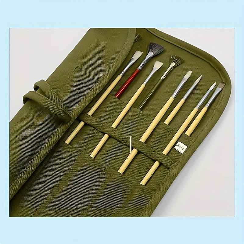 1pc Olive Green Canvas Rolling Art Brush Holder with 16 Slots Artist Brush Organizer for Watercolor Calligraphy Brushes Portable Paint Brush Holder