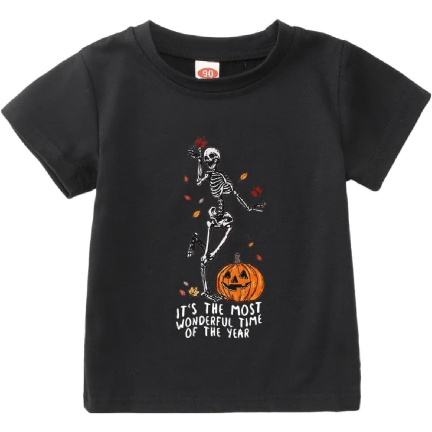 IZYJOY Toddler Dancing Skeleton Halloween Shirt Baby Girl Boy Pumpkin Skull T-Shirt Spooky Season Short Sleeve Tee Fall Top S