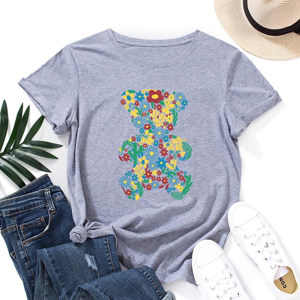 Fashion Cartoon Bear Cotton T-Shirt Short Sleeve Round Neck Women 2d Print Tops