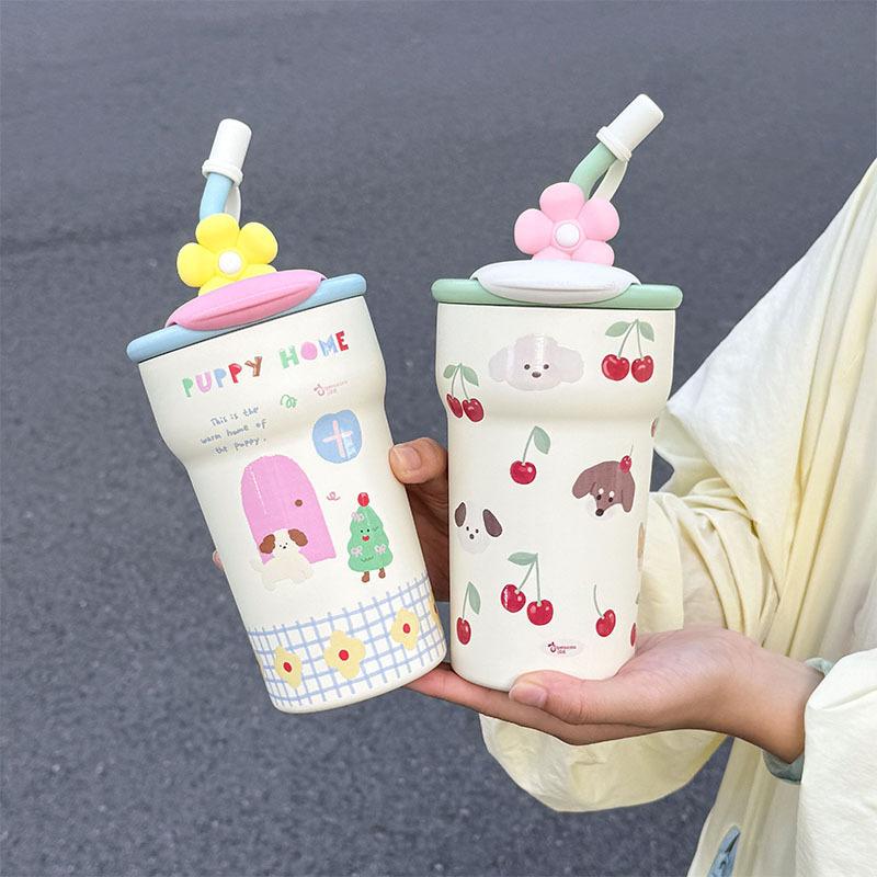 Straw Bingba Cup Cute Thermos Cup Girls High Value Student Cold Water Cup Cute Office Double Drink