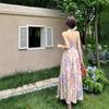 French Retro Oil Painting Floral Neck Suspender Dress Women's Summer Vacation Style Temperament Backless Waist Long Dress
