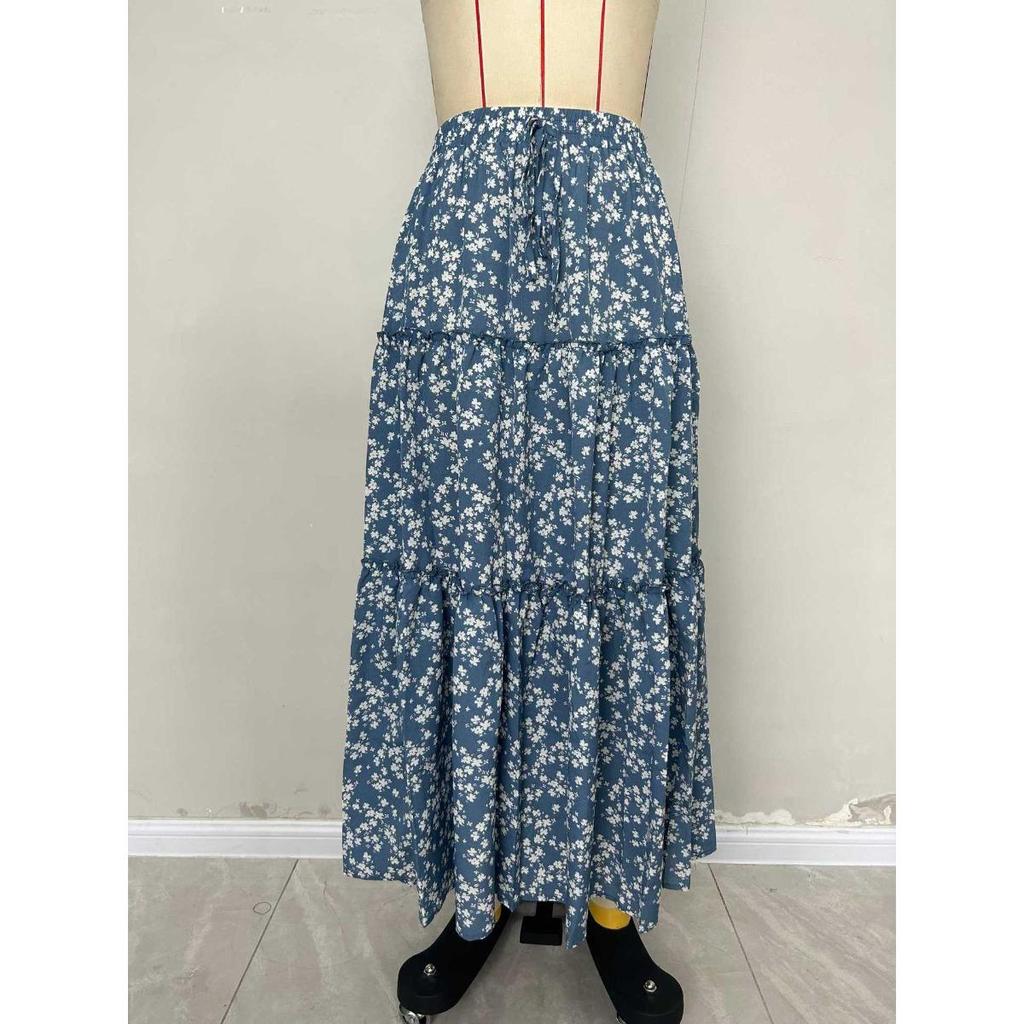 Women's Small Floral Belt Three-layer Splicing Long Half-body Skirt, Spring and Summer Senior Sense of Women's Dress A-line Skirt