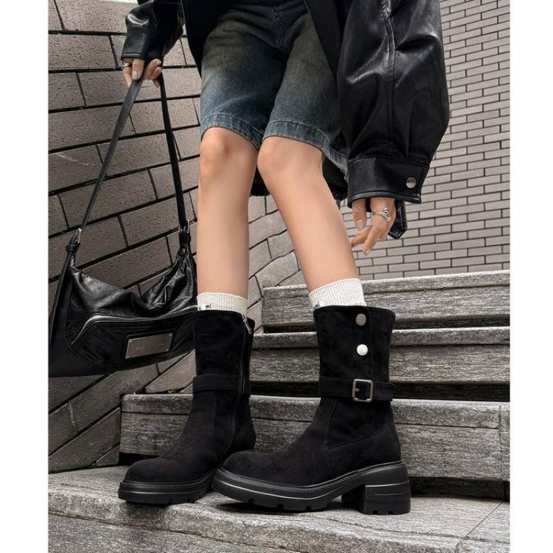 New versatile leather Martin boots solid color sleeve thick bottom non-slip comfortable large size women's boots round head medium boots women's