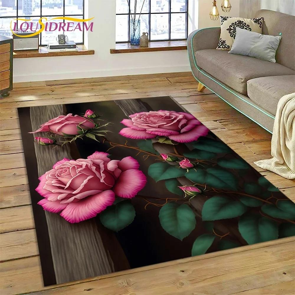 Rose Flowers Nordic Love Romantic Carpet Rug for Bedroom Living Room Home Sofa Decoration,Children Game Large Decor Floor Mat