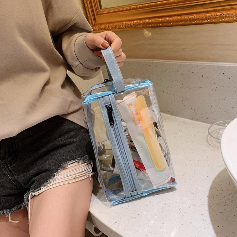 

Handle Travel Cosmetic Container Storage Wash Pouch Cute Clear Makeup Bag Trips синий