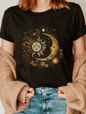 Face Sun Moon Fashion Letter Print T-Shirt, Short Sleeve Crew Neck Casual Top for Summer & Spring, Women'S Apparel
