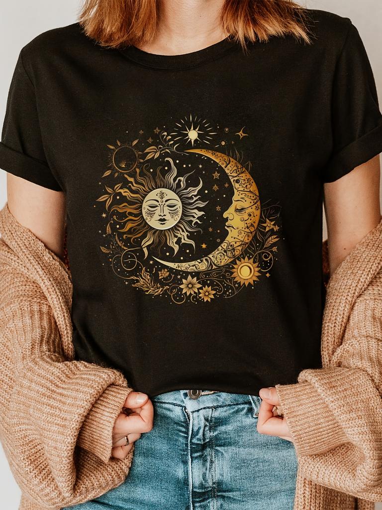 Face Sun Moon Fashion Letter Print T-Shirt, Short Sleeve Crew Neck Casual Top for Summer & Spring, Women'S Apparel