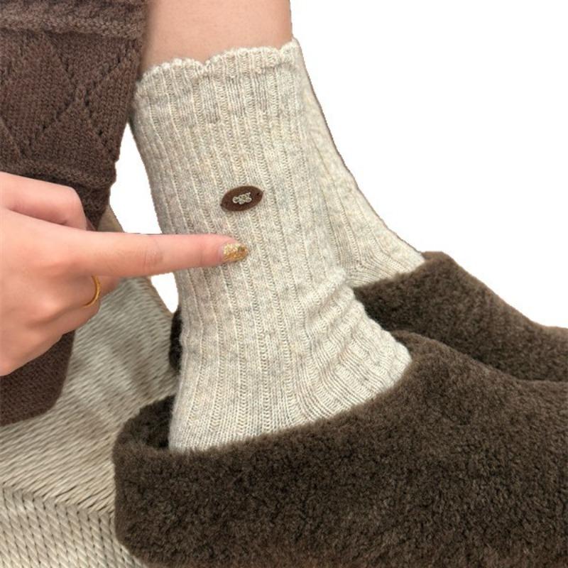 2 Pairs of Velvet Multicolored Button Wool Socks, Mid-calf Socks, Solid Color Thickened Warm and Versatile Pile Socks