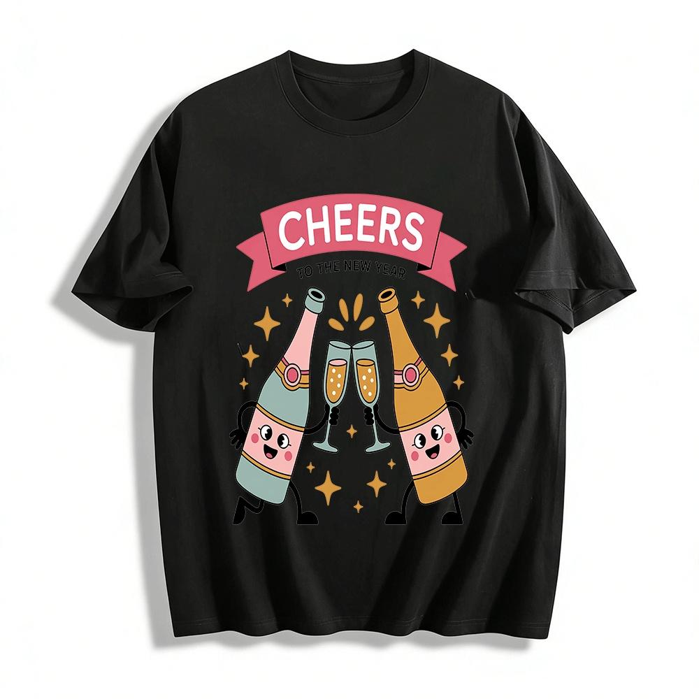 Cheers To The New Year Cute Cartoon Wine Bottle Print Top Pure cotton T-shirt XXS