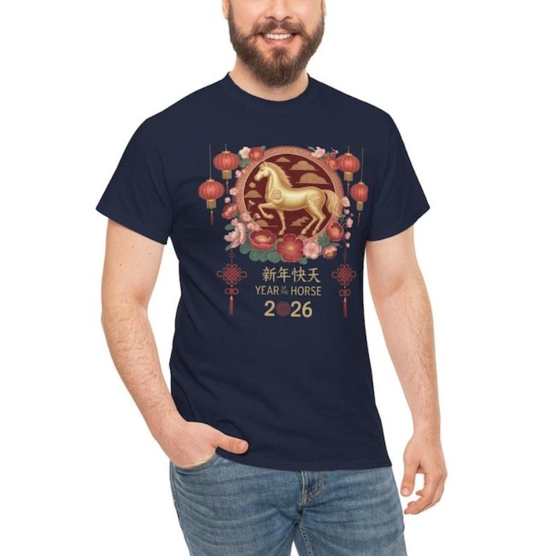 Hello 2026 New Year Chinese Unisex Shirt Happy Lunar New Year Horse Gift Crewneck Printed Tshirt Tops Regular Short Sleeve