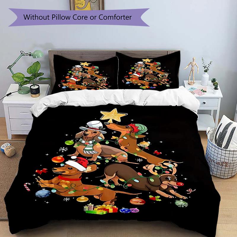 3pcs Christmas Tree Dachshund Dog Holiday Comforter Set with 1 Quilt Cover and 2 Pillowcases (No Core), Bedroom and Guest Room