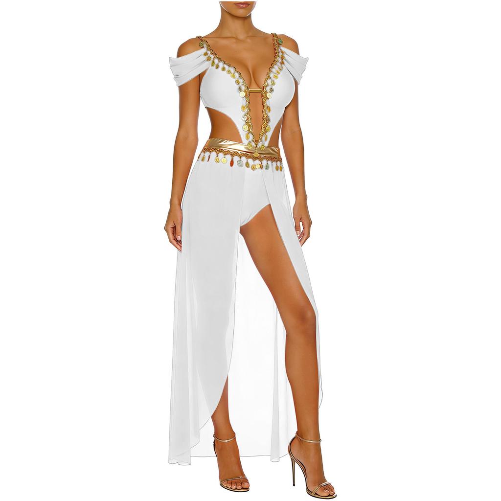 Ladies India Dance Costume S-3XL Sequin Tassel Bodysuit Dress V Neck Cutout Open Front Chiffon Hem with Built-in Shorts for Belly Dance